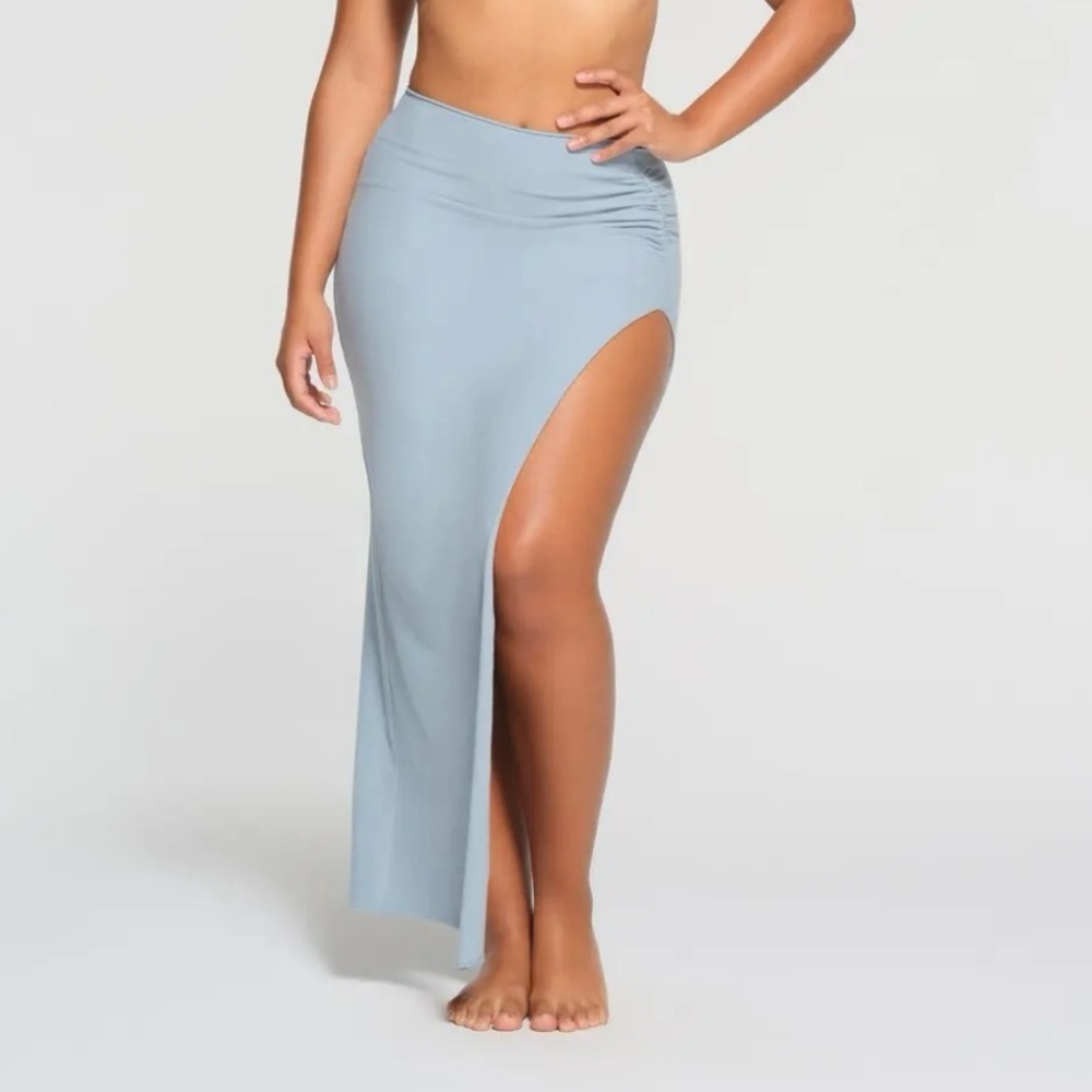 NWOT Skims Denim Blue Raw Edge High Slit Long Skirt